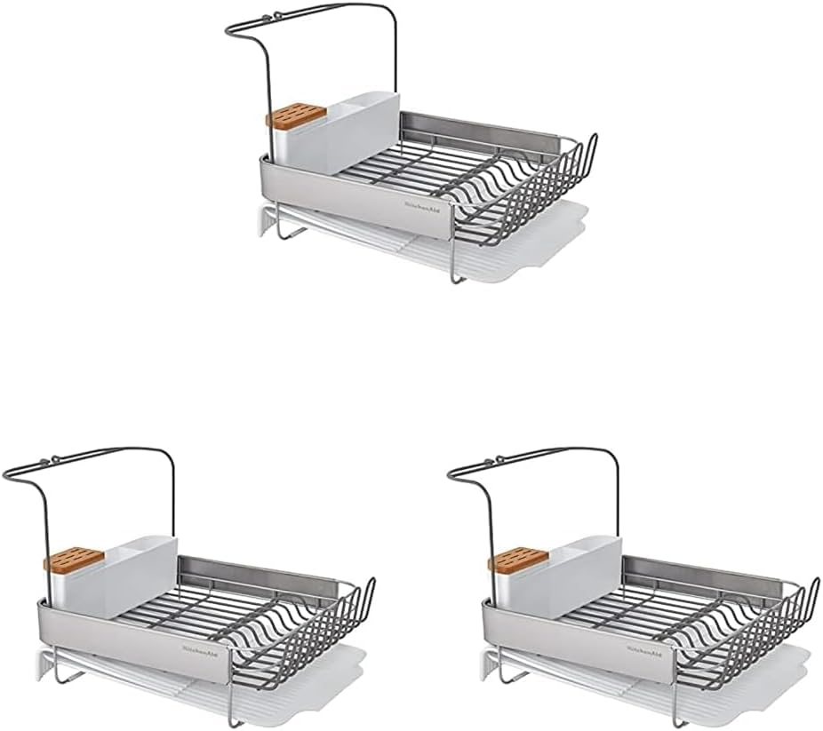 KitchenAid Large Capacity Full Size Rust Resistant Dish Rack with Angled Drain Board and Removable Flatware Caddy, Light Grey