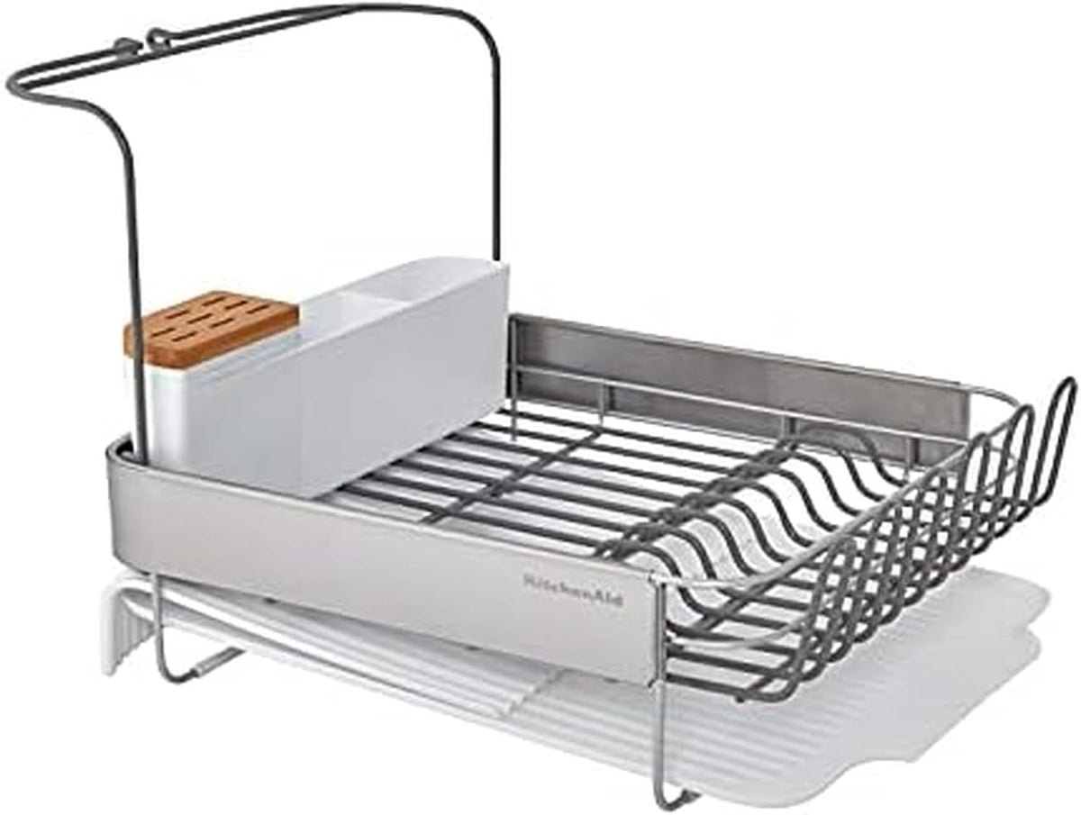KitchenAid Large Capacity Full Size Rust Resistant Dish Rack with Angled Drain Board and Removable Flatware Caddy, Light Grey