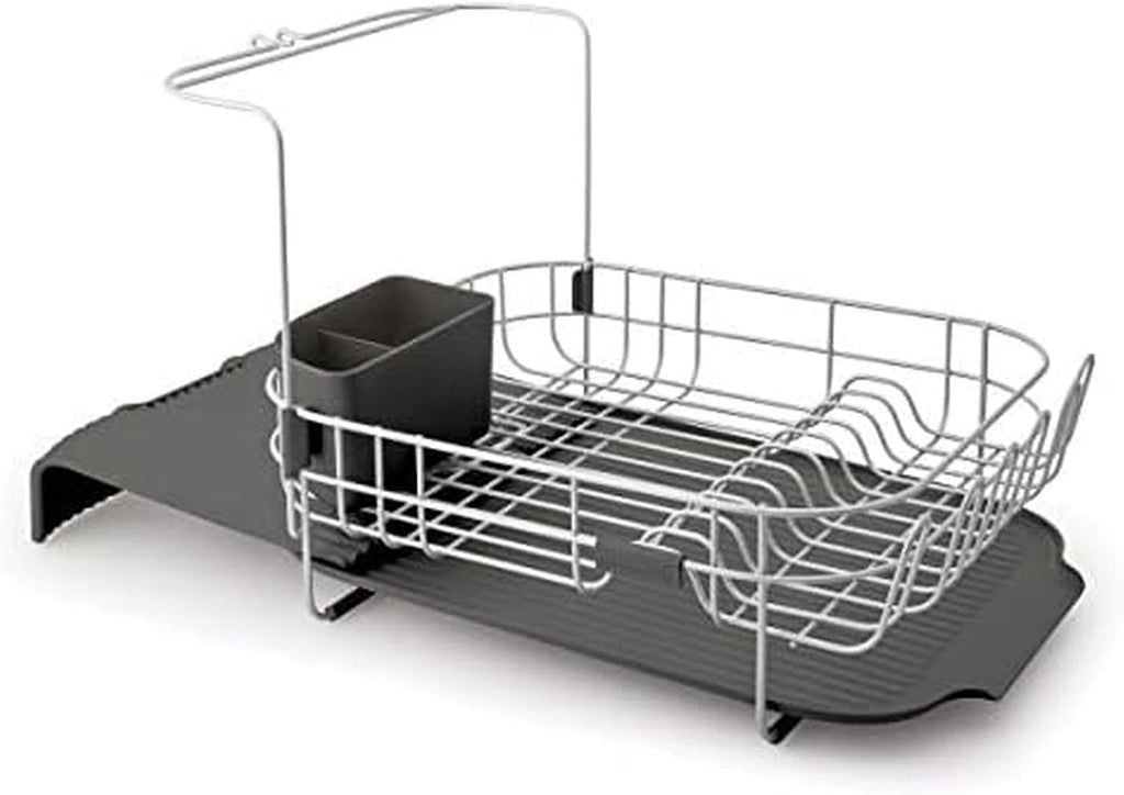 KitchenAid Large Capacity Full Size Rust Resistant Dish Rack with Angled Drain Board and Removable Flatware Caddy, Light Grey