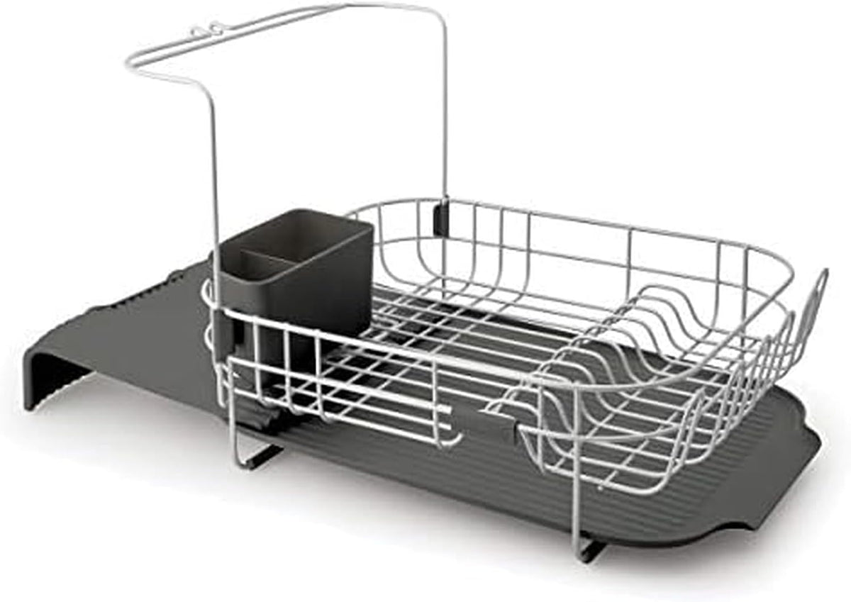 KitchenAid Large Capacity Full Size Rust Resistant Dish Rack with Angled Drain Board and Removable Flatware Caddy, Light Grey