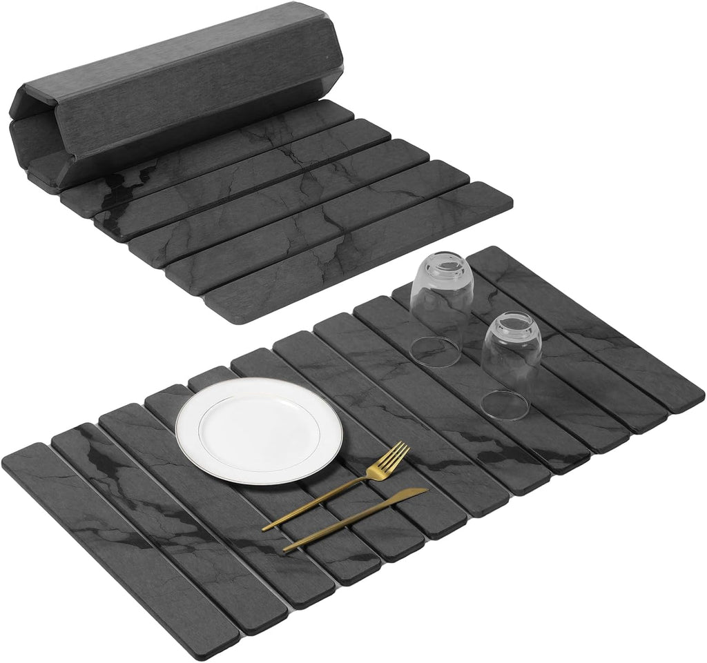 Large Stone Dish Drying Mat for Kitchen Counter, Quick Dry Stone Dishes/Bath Mats,Foldable Water Absorbing Diatomaceous Earth Drying Organizer Pad for Plate Rack Bottles Utensils(Dark Gray 24"×16")