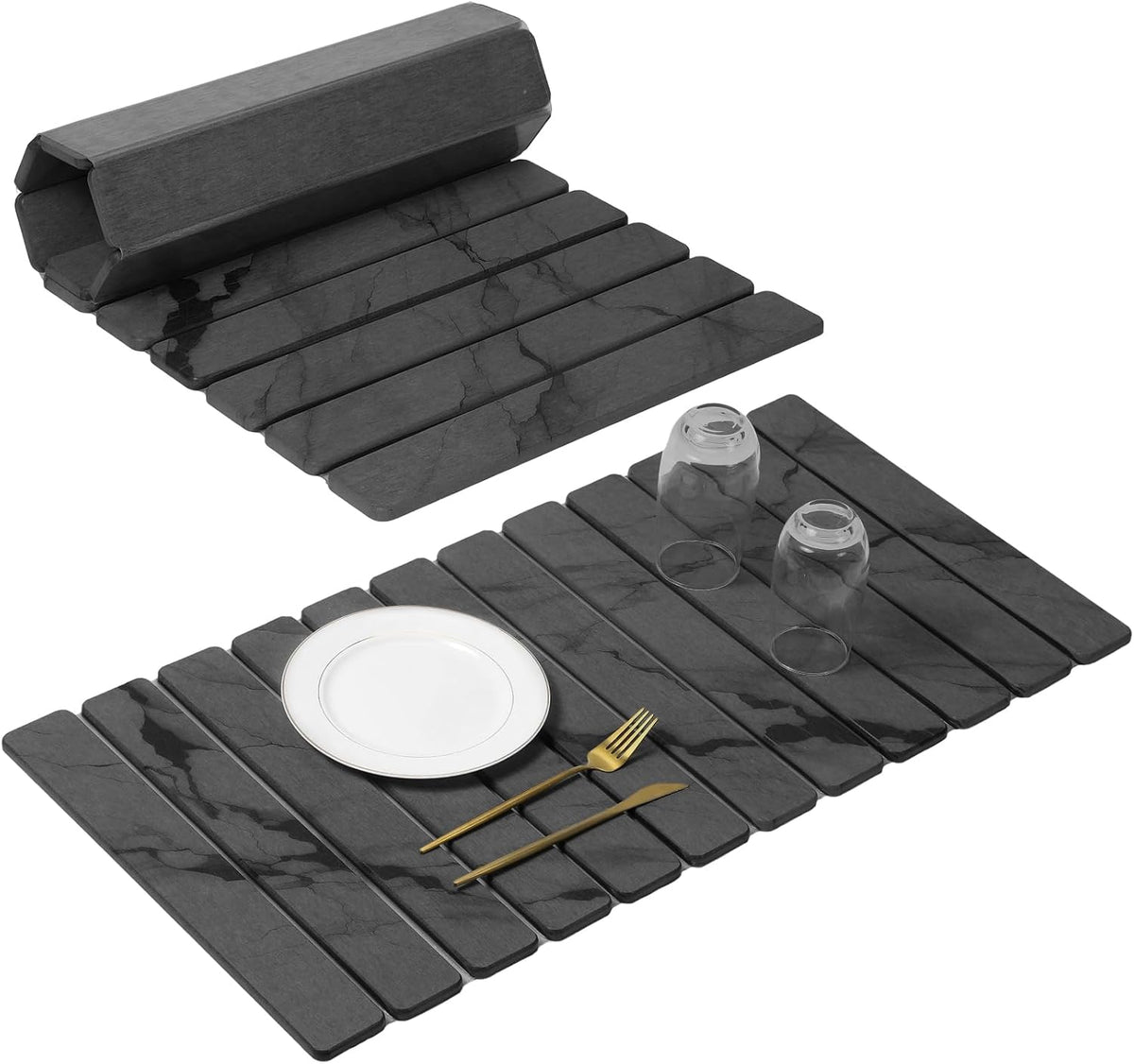 Large Stone Dish Drying Mat for Kitchen Counter, Quick Dry Stone Dishes/Bath Mats,Foldable Water Absorbing Diatomaceous Earth Drying Organizer Pad for Plate Rack Bottles Utensils(Dark Gray 24"×16")