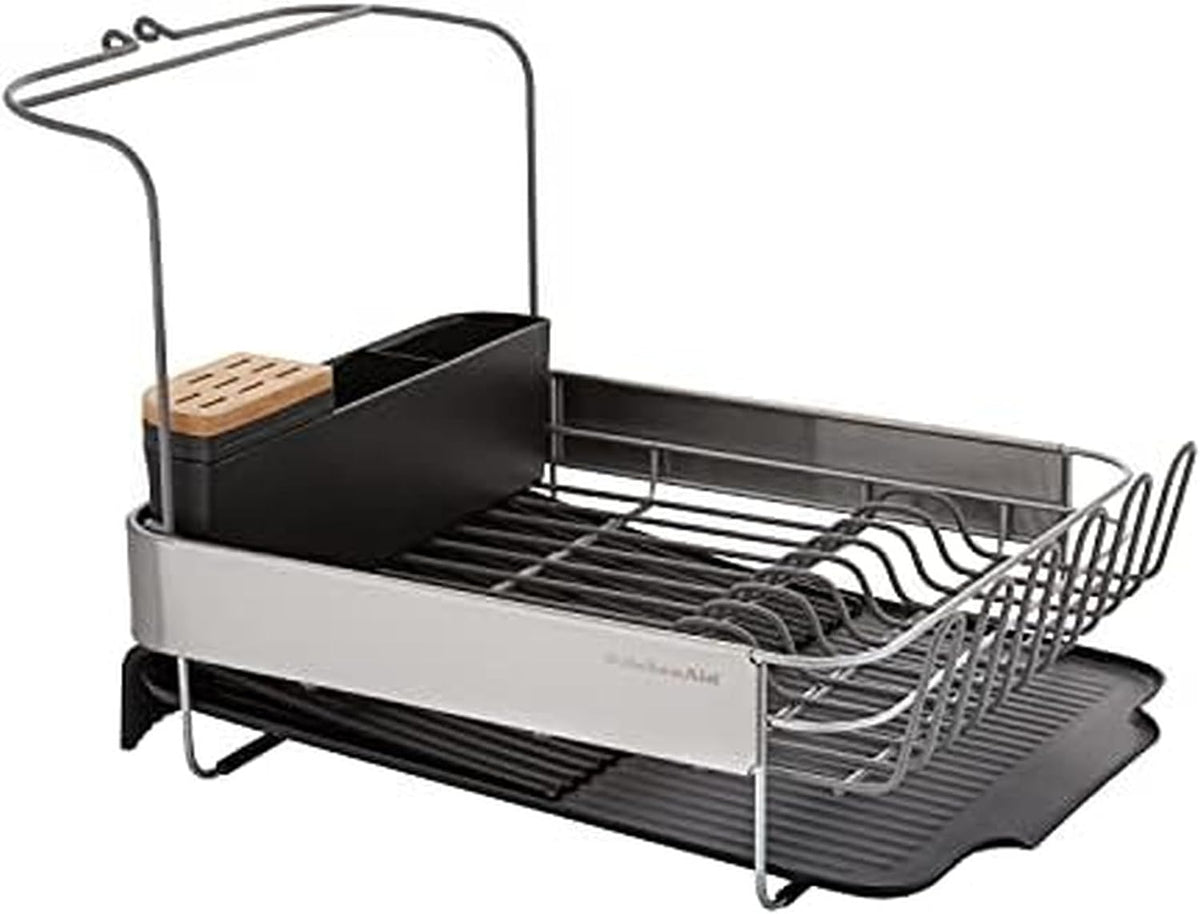 KitchenAid Large Capacity Full Size Rust Resistant Dish Rack with Angled Drain Board and Removable Flatware Caddy, Light Grey
