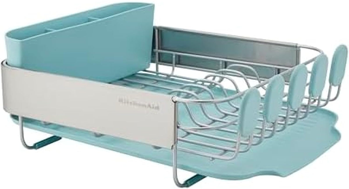 KitchenAid Large Capacity Full Size Rust Resistant Dish Rack with Angled Drain Board and Removable Flatware Caddy, Light Grey
