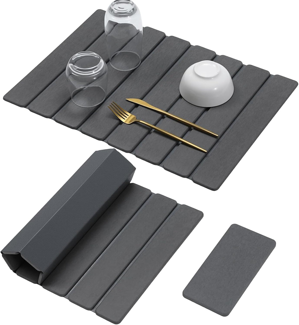 Large Stone Dish Drying Mat for Kitchen Counter, Quick Dry Stone Dishes/Bath Mats,Foldable Water Absorbing Diatomaceous Earth Drying Organizer Pad for Plate Rack Bottles Utensils(Dark Gray 24"×16")