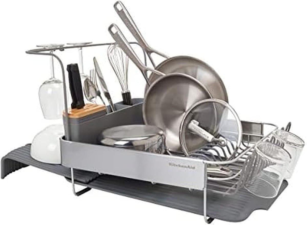 KitchenAid Large Capacity Full Size Rust Resistant Dish Rack with Angled Drain Board and Removable Flatware Caddy, Light Grey