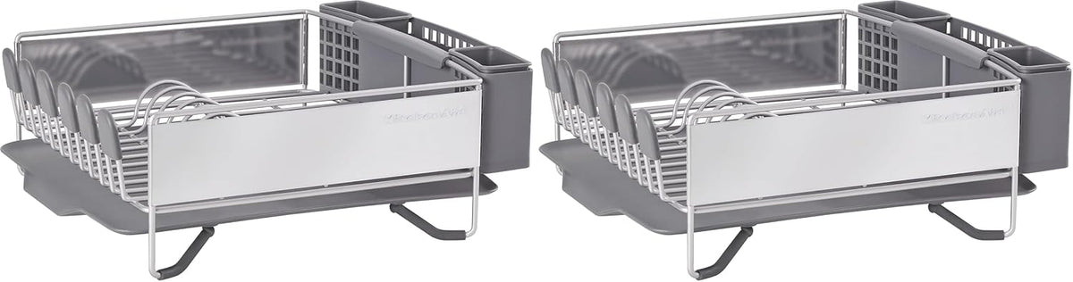 KitchenAid Large Capacity Full Size Rust Resistant Dish Rack with Angled Drain Board and Removable Flatware Caddy, Light Grey