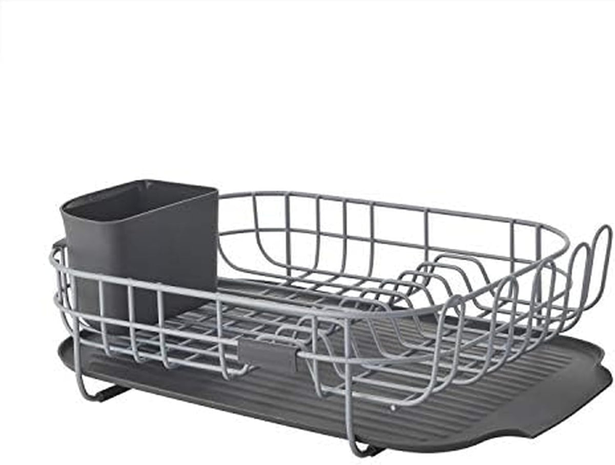 KitchenAid Large Capacity Full Size Rust Resistant Dish Rack with Angled Drain Board and Removable Flatware Caddy, Light Grey