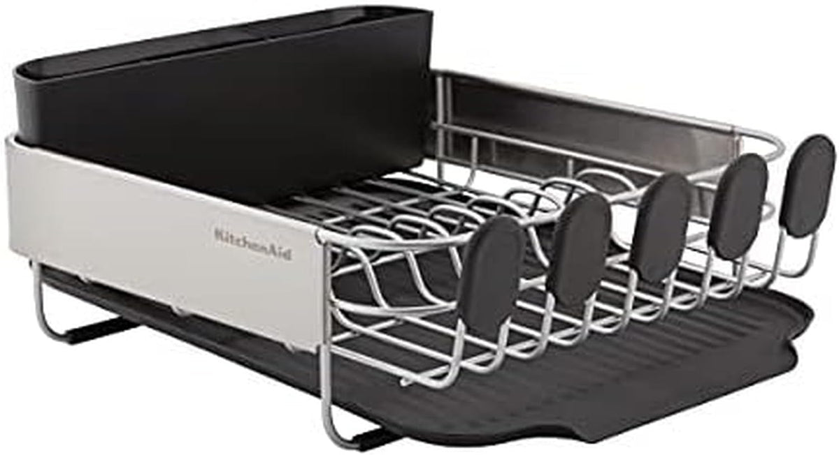 KitchenAid Large Capacity Full Size Rust Resistant Dish Rack with Angled Drain Board and Removable Flatware Caddy, Light Grey