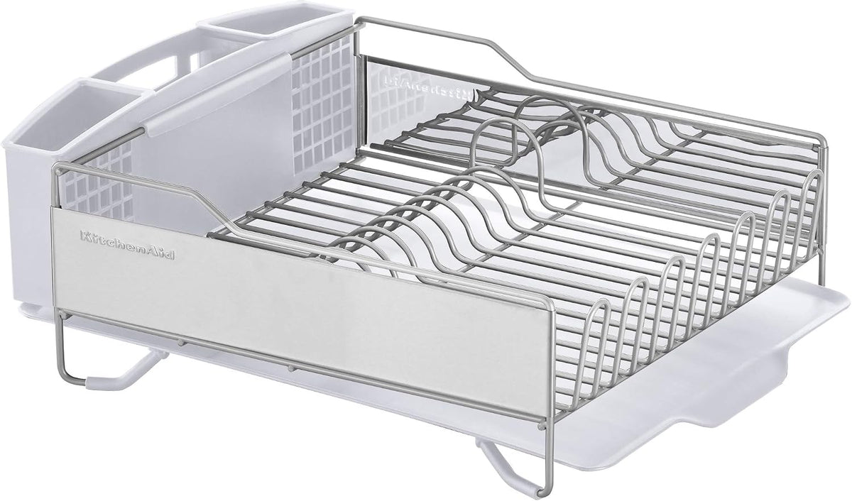 KitchenAid Large Capacity Full Size Rust Resistant Dish Rack with Angled Drain Board and Removable Flatware Caddy, Light Grey