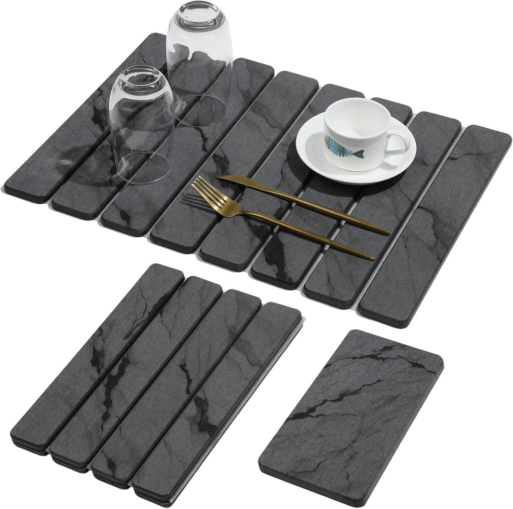 Large Stone Dish Drying Mat for Kitchen Counter, Quick Dry Stone Dishes/Bath Mats,Foldable Water Absorbing Diatomaceous Earth Drying Organizer Pad for Plate Rack Bottles Utensils(Dark Gray 24"×16")
