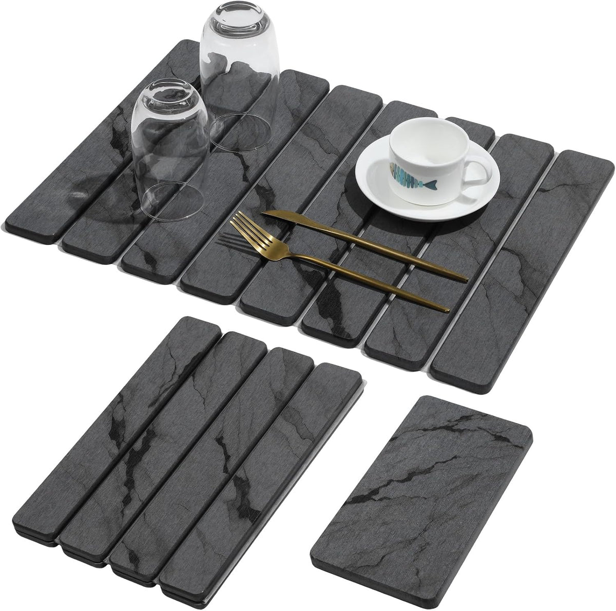 Large Stone Dish Drying Mat for Kitchen Counter, Quick Dry Stone Dishes/Bath Mats,Foldable Water Absorbing Diatomaceous Earth Drying Organizer Pad for Plate Rack Bottles Utensils(Dark Gray 24"×16")