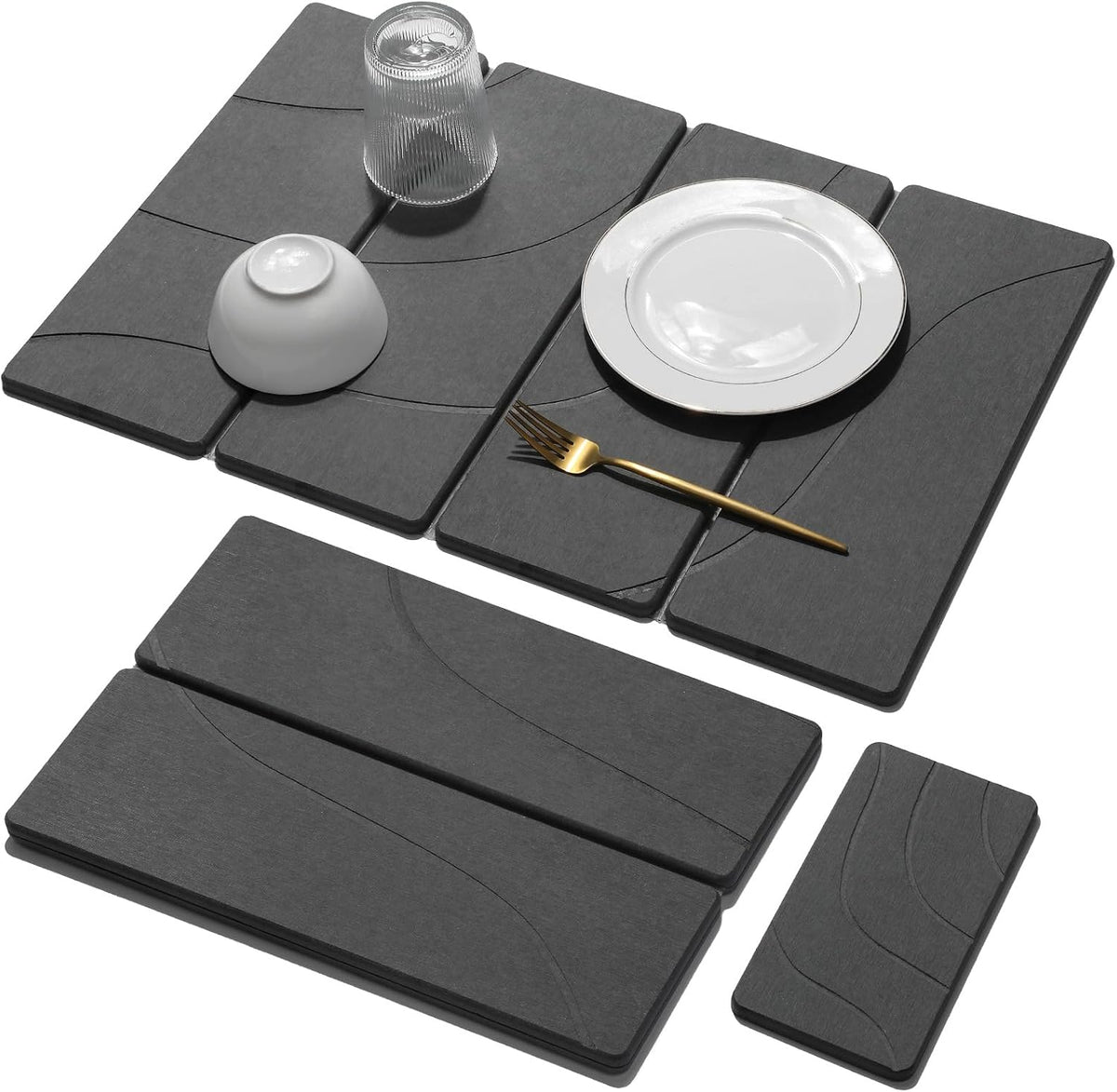 Large Stone Dish Drying Mat for Kitchen Counter, Quick Dry Stone Dishes/Bath Mats,Foldable Water Absorbing Diatomaceous Earth Drying Organizer Pad for Plate Rack Bottles Utensils(Dark Gray 24"×16")