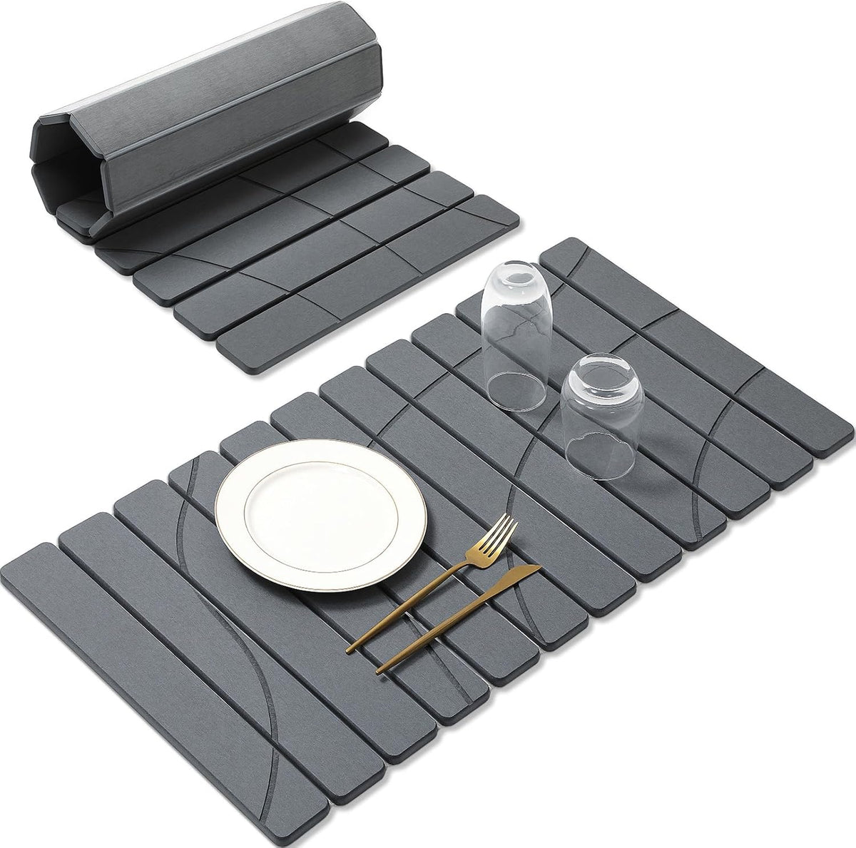 Large Stone Dish Drying Mat for Kitchen Counter, Quick Dry Stone Dishes/Bath Mats,Foldable Water Absorbing Diatomaceous Earth Drying Organizer Pad for Plate Rack Bottles Utensils(Dark Gray 24"×16")