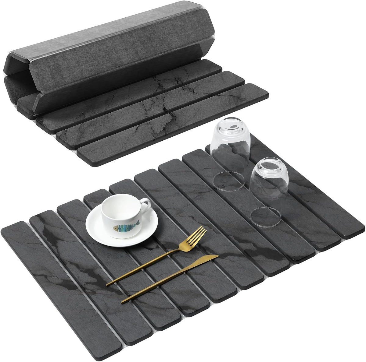 Large Stone Dish Drying Mat for Kitchen Counter, Quick Dry Stone Dishes/Bath Mats,Foldable Water Absorbing Diatomaceous Earth Drying Organizer Pad for Plate Rack Bottles Utensils(Dark Gray 24"×16")