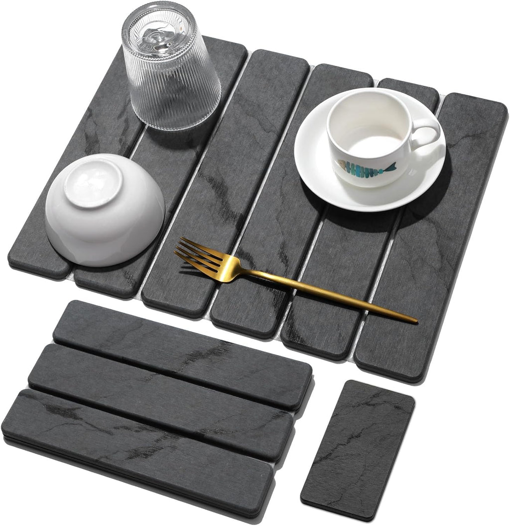 Large Stone Dish Drying Mat for Kitchen Counter, Quick Dry Stone Dishes/Bath Mats,Foldable Water Absorbing Diatomaceous Earth Drying Organizer Pad for Plate Rack Bottles Utensils(Dark Gray 24"×16")