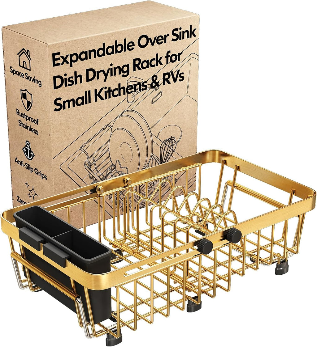 Red Expandable Dish Drying Rack Over The Sink with Anti Slip Grip
