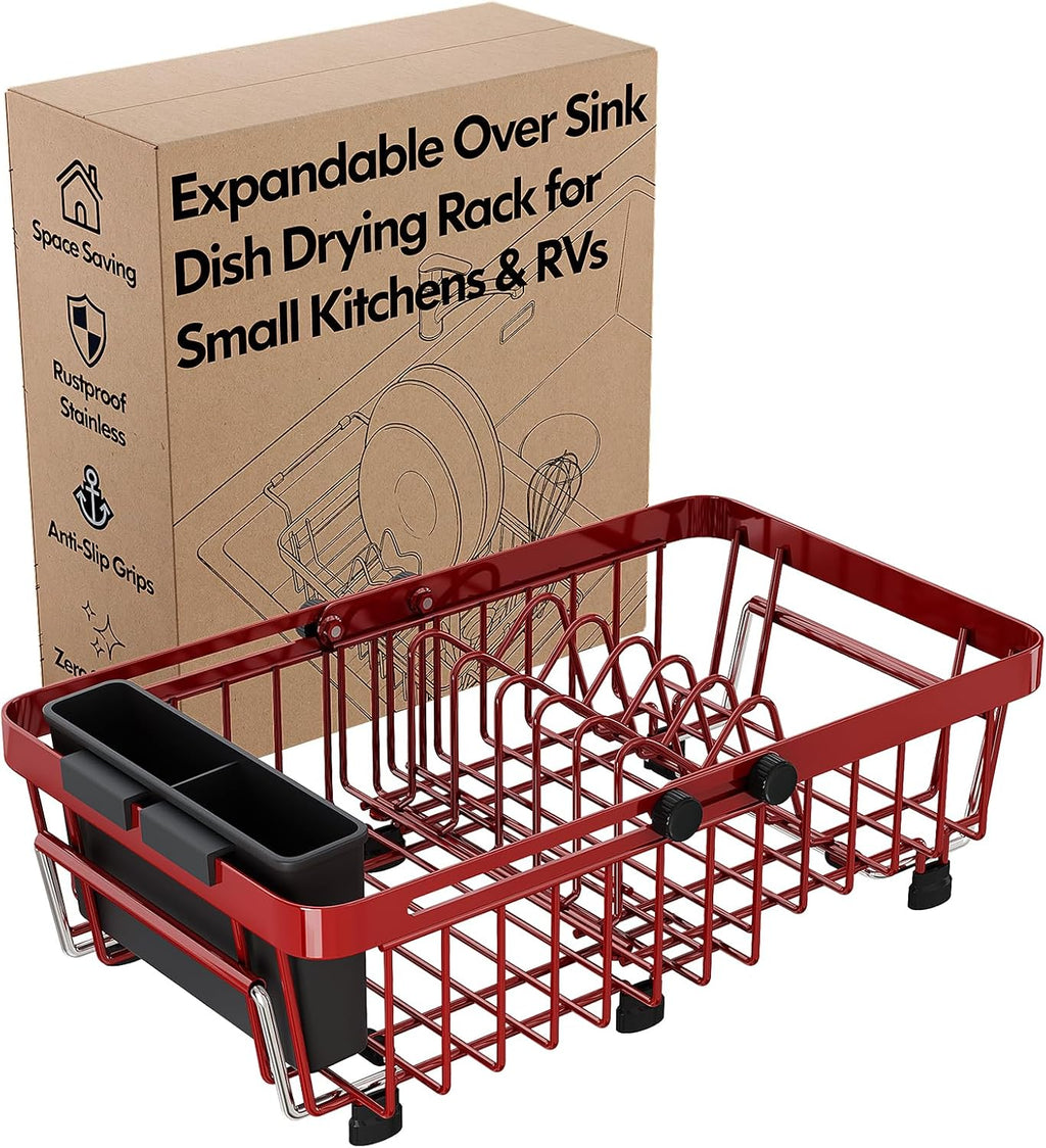 Red Expandable Dish Drying Rack Over The Sink with Anti Slip Grip
