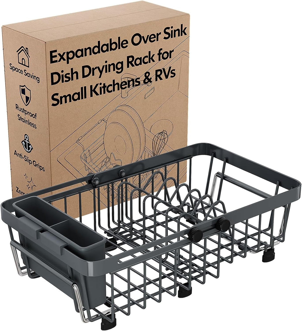Red Expandable Dish Drying Rack Over The Sink with Anti Slip Grip